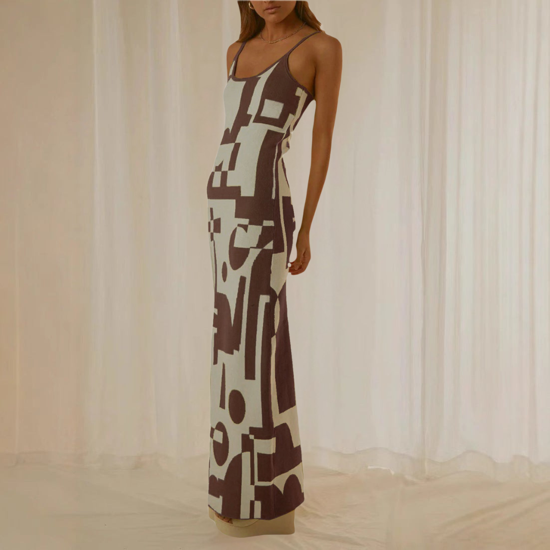 Women’s Maxi Dress – Bodycon Fit – Abstract Print – Spaghetti Straps – Stretch Fabric