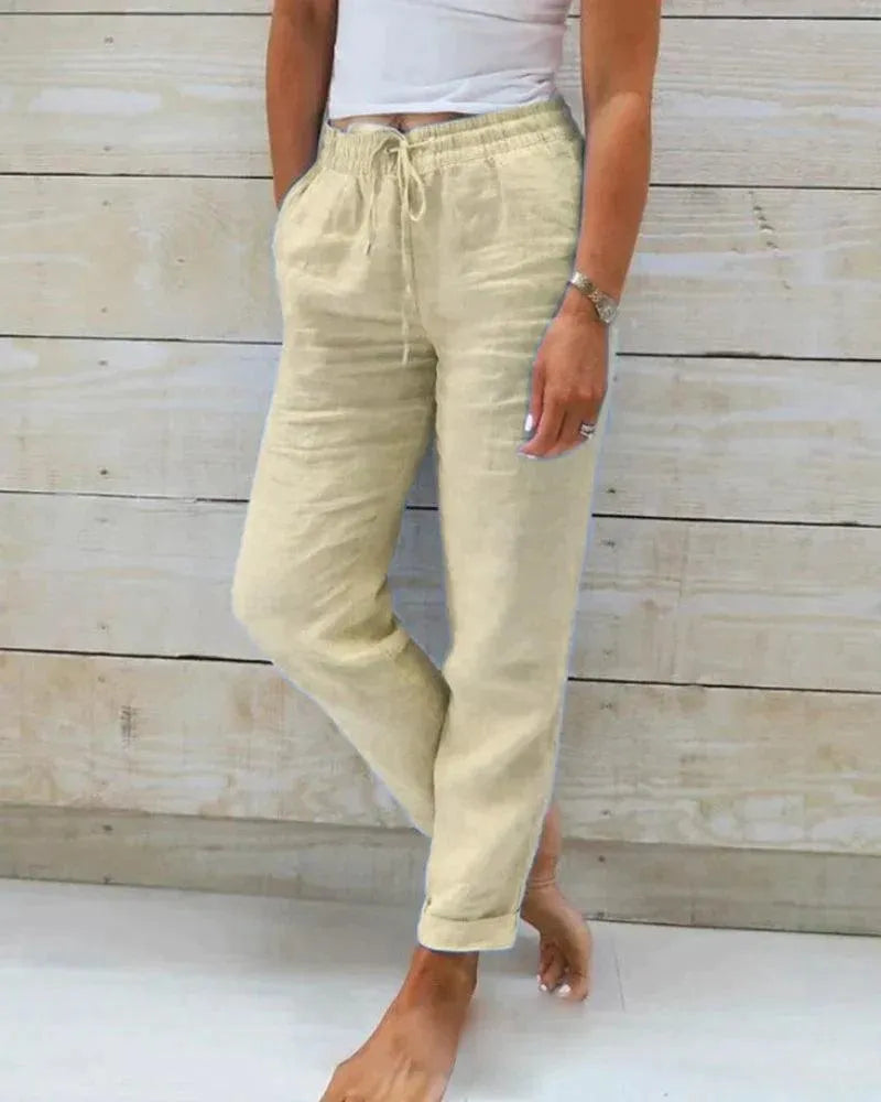 Women's Casual Pants - 100% Linen - Relaxed Fit - Elastic Waist with Drawstring - Lightweight