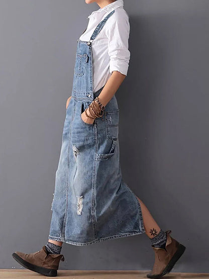 Women’s Denim Midi Dress – Relaxed Fit – Adjustable Straps – Distressed Finish