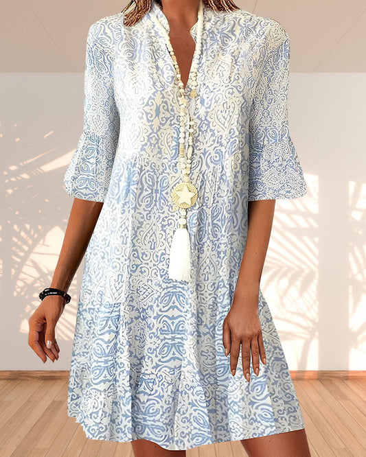 Women’s Mini Dress – Relaxed Fit – V-Neck – Flared Half Sleeve – Boho Pattern – Breathable Blend