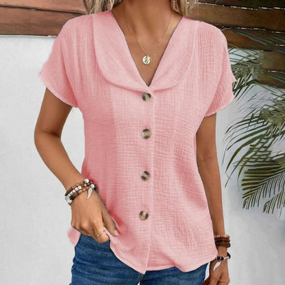 Women’s Blouse – Relaxed Fit – Crinkled Texture – Button Front – Cropped Short Sleeve