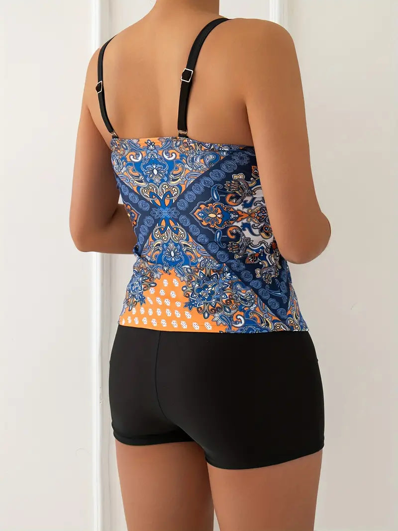 Women’s Tankini Set – Breathable Stretch Fabric – Tribal Print – Adjustable Straps – Mid-Thigh Shorts