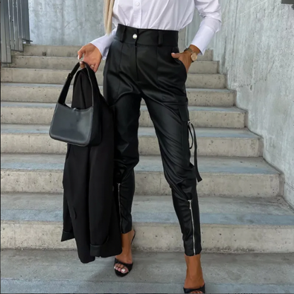 Women's stylish PU leather cargo pants