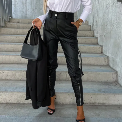 Women's High-Waisted Trousers - Faux Leather - Tapered Leg - Zippered Ankle Detail