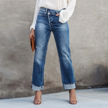 Harrah - casual gewassen blauwe denim rechte lange broek