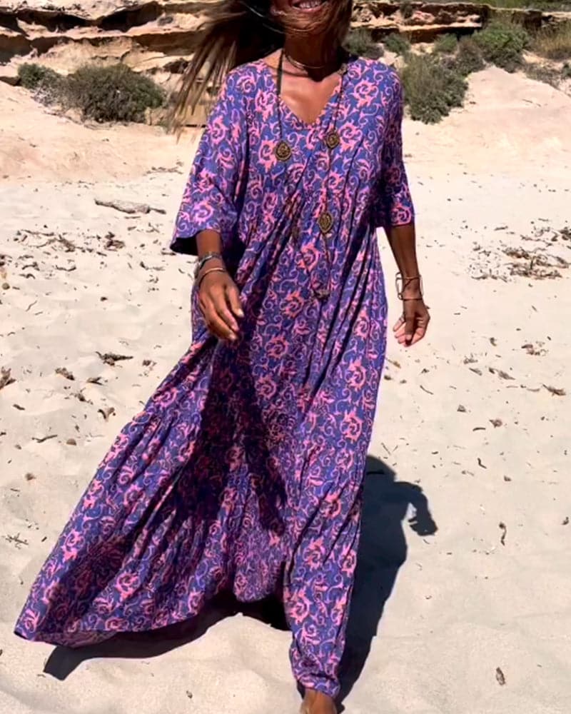 Women’s Maxi Dress – Loose Fit – V-Neck – Boho Print – Breathable Blend – Elbow Sleeve