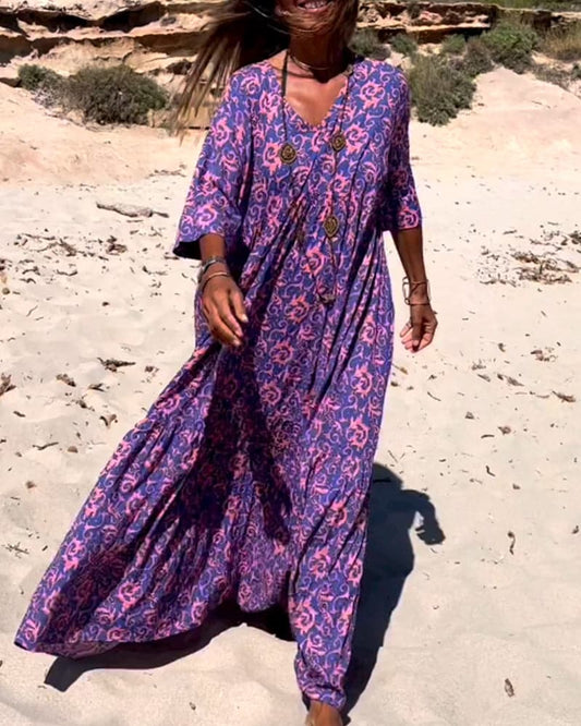 Women’s Maxi Dress – Loose Fit – V-Neck – Boho Print – Breathable Blend – Elbow Sleeve