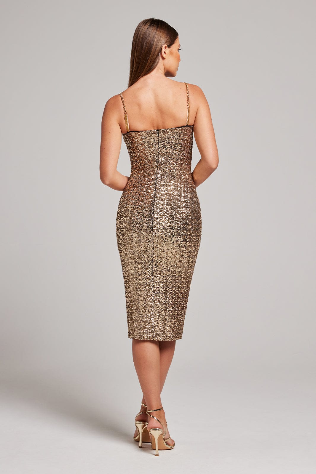 Women’s Midi Dress – Sequin Fabric – Slim Fit – Sweetheart Neck – Spaghetti Straps