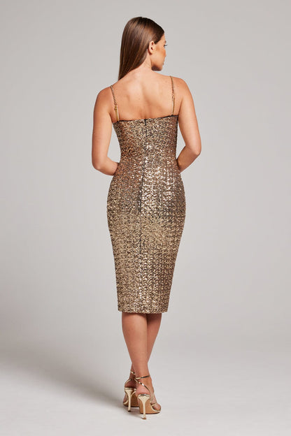 Women’s Midi Dress – Sequin Fabric – Slim Fit – Sweetheart Neck – Spaghetti Straps