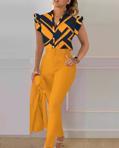 Women's Two-Piece Set – Sleeveless – V-Neck – Button Front – Petal Sleeve – Relaxed Fit