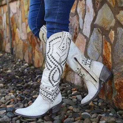 Women’s Knee-High Boots – Distressed Leather – Rivet Detail – Thick Heel – Side Zipper