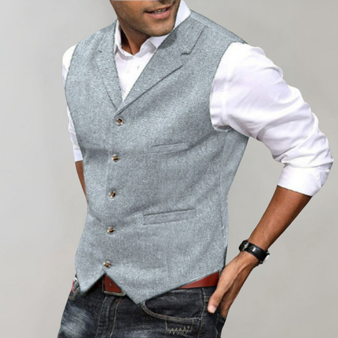 Men’s Suit Vest – Slim Fit – Herringbone Texture – Button Front – Classic V-Neck