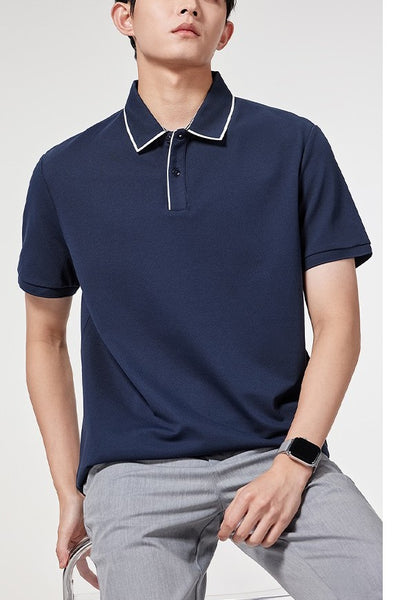 Men's Polo Shirt - Crisp Contrast Collar - Short Sleeve - Casual Elegance