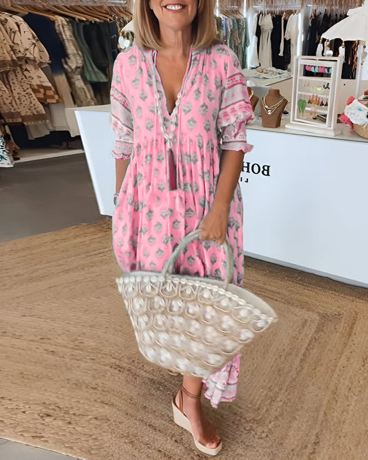 Women’s Maxi Dress – Boho Floral Print – V-Neck – Relaxed Fit – Natural Fibers