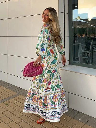 Women's Maxi Dress - Bohemian Style - V-Neck Wrap - Long Sleeve Tiered Skirt