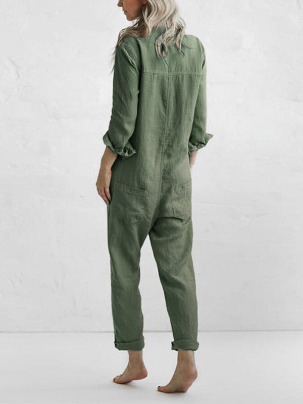 Women's Jumpsuit - Button Down - Long Sleeve Roll Tab - Relaxed Fit - Straight Leg