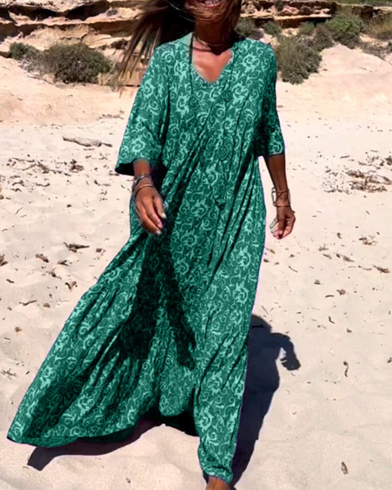 Women’s Maxi Dress – Loose Fit – V-Neck – Boho Print – Breathable Blend – Elbow Sleeve