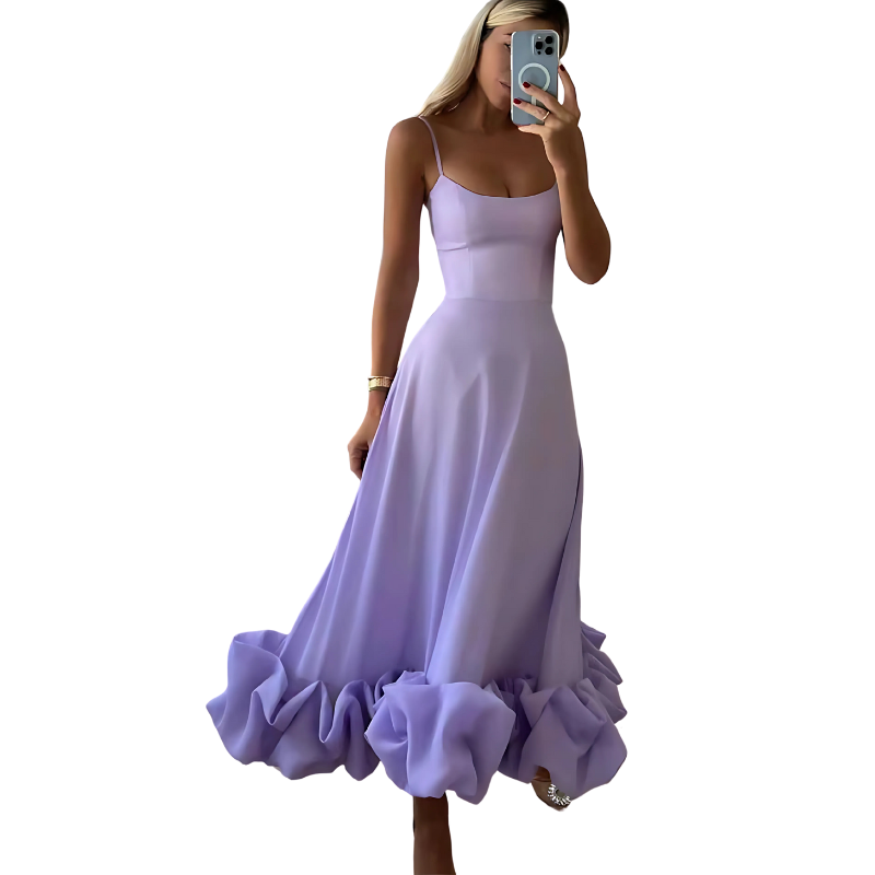 Women's Evening Dress - Spaghetti Straps - A-Line Silhouette - Ruffled Hem - Elegant Fit