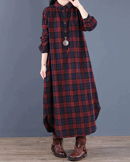 Women's Shirt Dress - Long Sleeve Plaid - Button Down Casual Elegant Fit