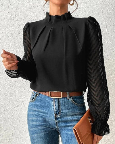 Women's High Neck Chiffon Blouse - Sheer Long Sleeves - Elegant Pleated Design