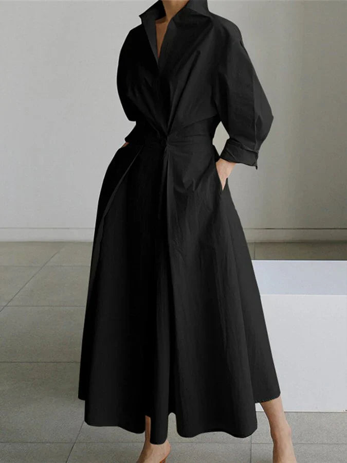 Women's Midi Dress - Tailored Fit - Button Front - Belted Waist - Long Sleeve Elegant