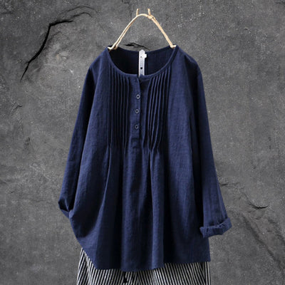 Women's Blouse - Loose Fit - Round Neck - Pintuck Pleats - Long Sleeve Buttoned Front