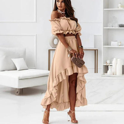 Women's Off-Shoulder Two-Piece Set - Crop Top & High-Low Ruffle Maxi Skirt - Elegant Fit