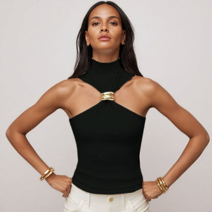 Women’s Tank Top – Slim Fit Halter – Mock Neck Soft Knit with Metal Ring Detail