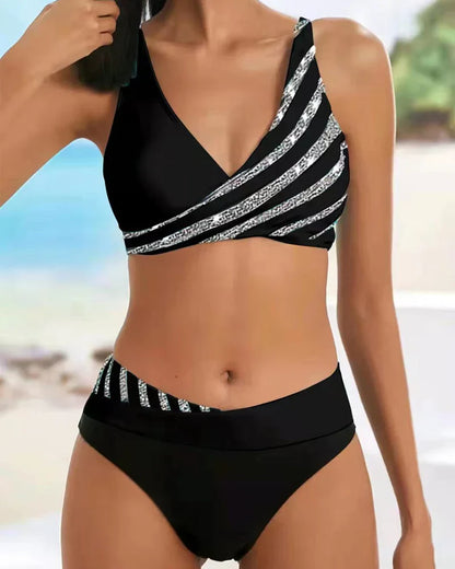 Women’s Bikini Set – Wrap Top – High Waist – Breathable Stretch – Striped Design