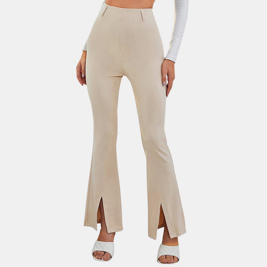 Women's High-Waisted Flare Trousers - Slim Fit - Stretch Fabric - Front Slit Hem