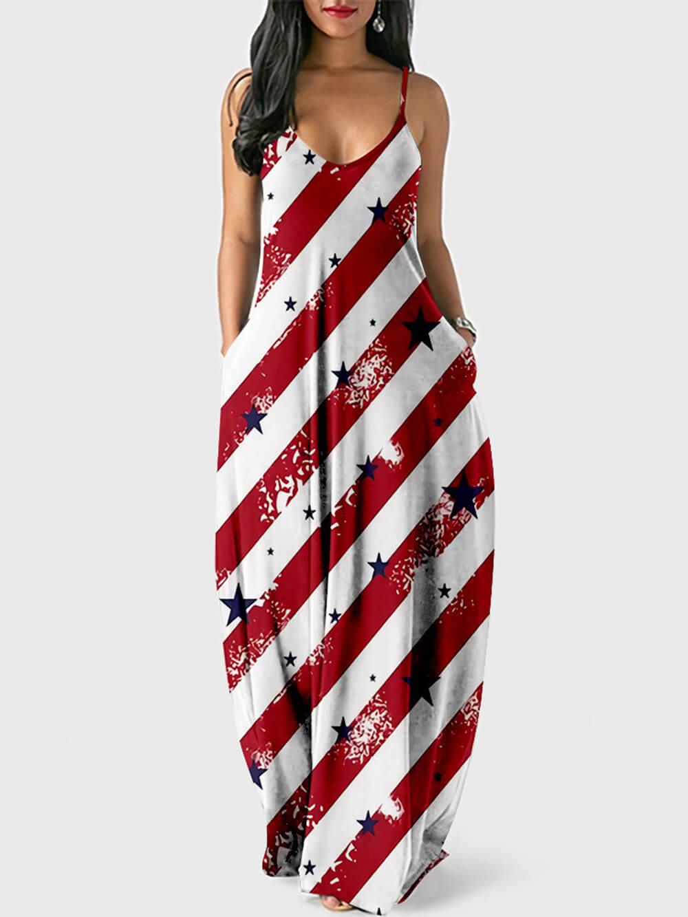 Vintage Flag Print Sleeveless Maxi Dress for Women