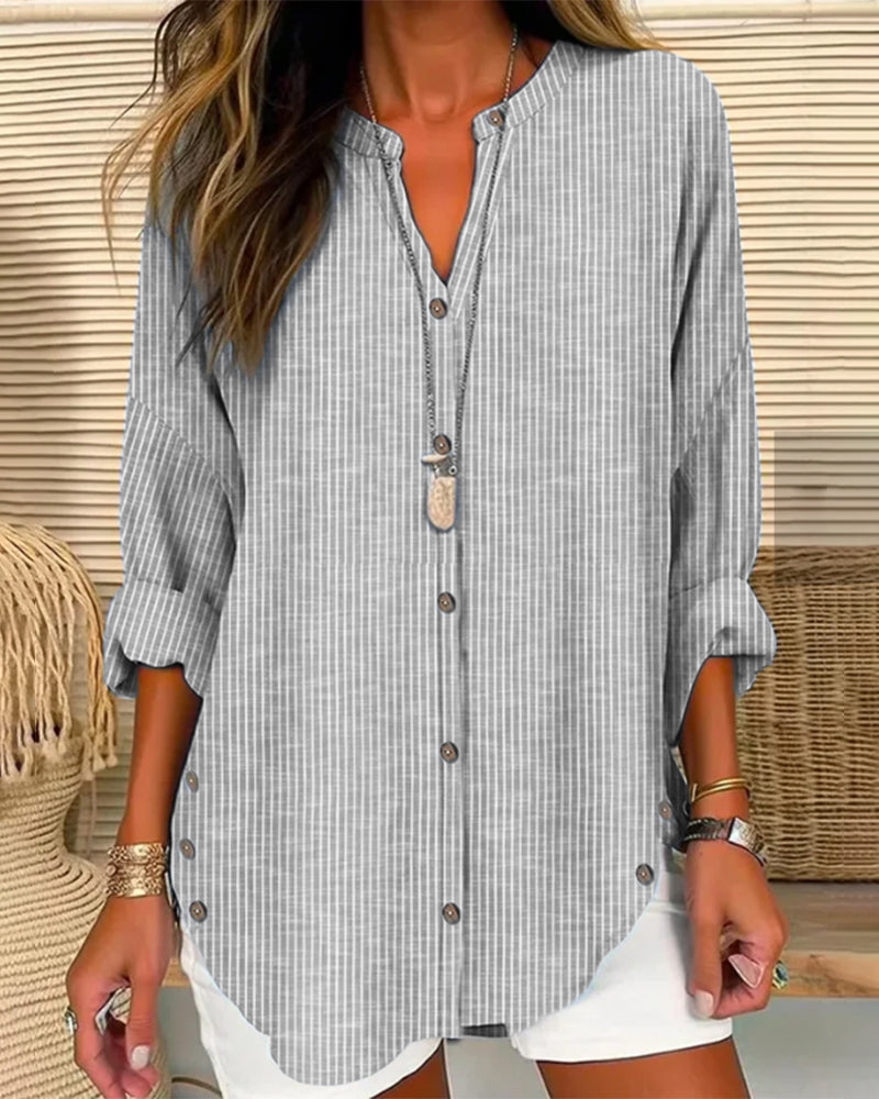 Women’s Blouse – Relaxed Fit – Striped Pattern – V-Neck Button Front – Breathable Blend