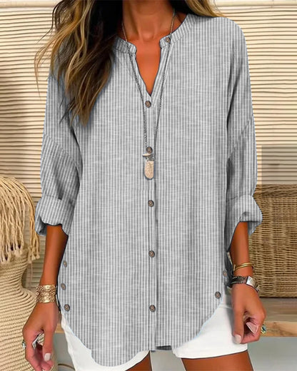 Women’s Blouse – Relaxed Fit – Striped Pattern – V-Neck Button Front – Breathable Blend