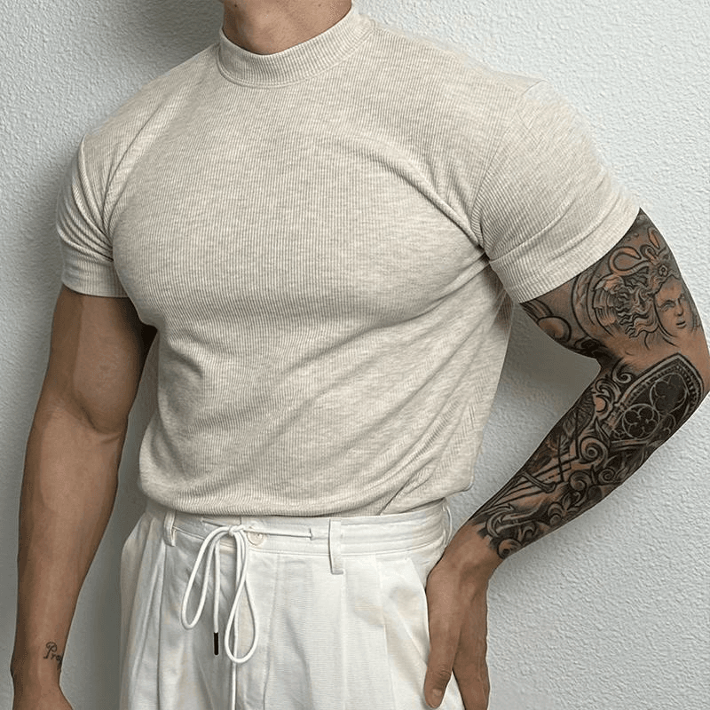 Men’s Fitted Ribbed Knit Top - Short Sleeve - Mock Neck - Breathable Stretch Fabric