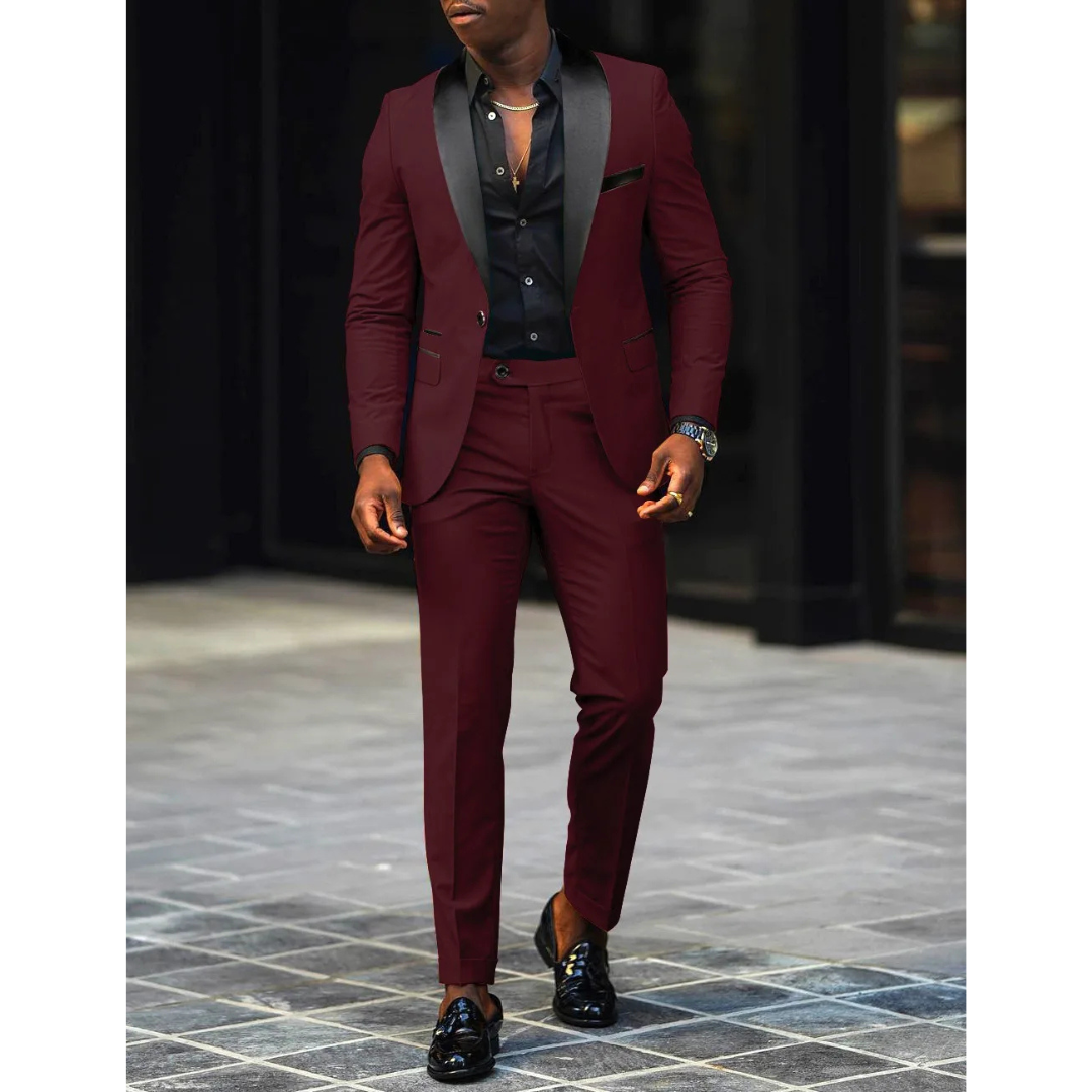 Men’s Slim Fit Suit – Wool Blend – Satin Shawl Lapel – Formal Two-Piece Set