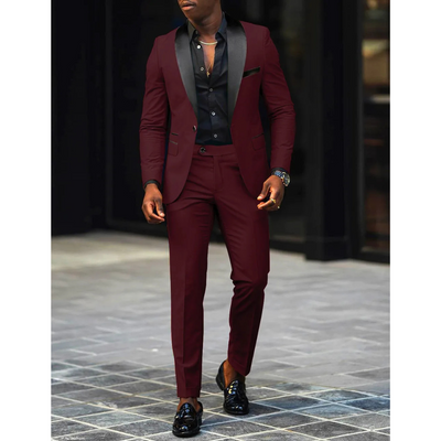 Men’s Slim Fit Suit – Wool Blend – Satin Shawl Lapel – Formal Two-Piece Set