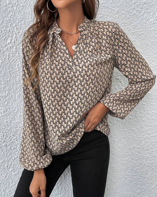 Women's printed long sleeve v neck blouse