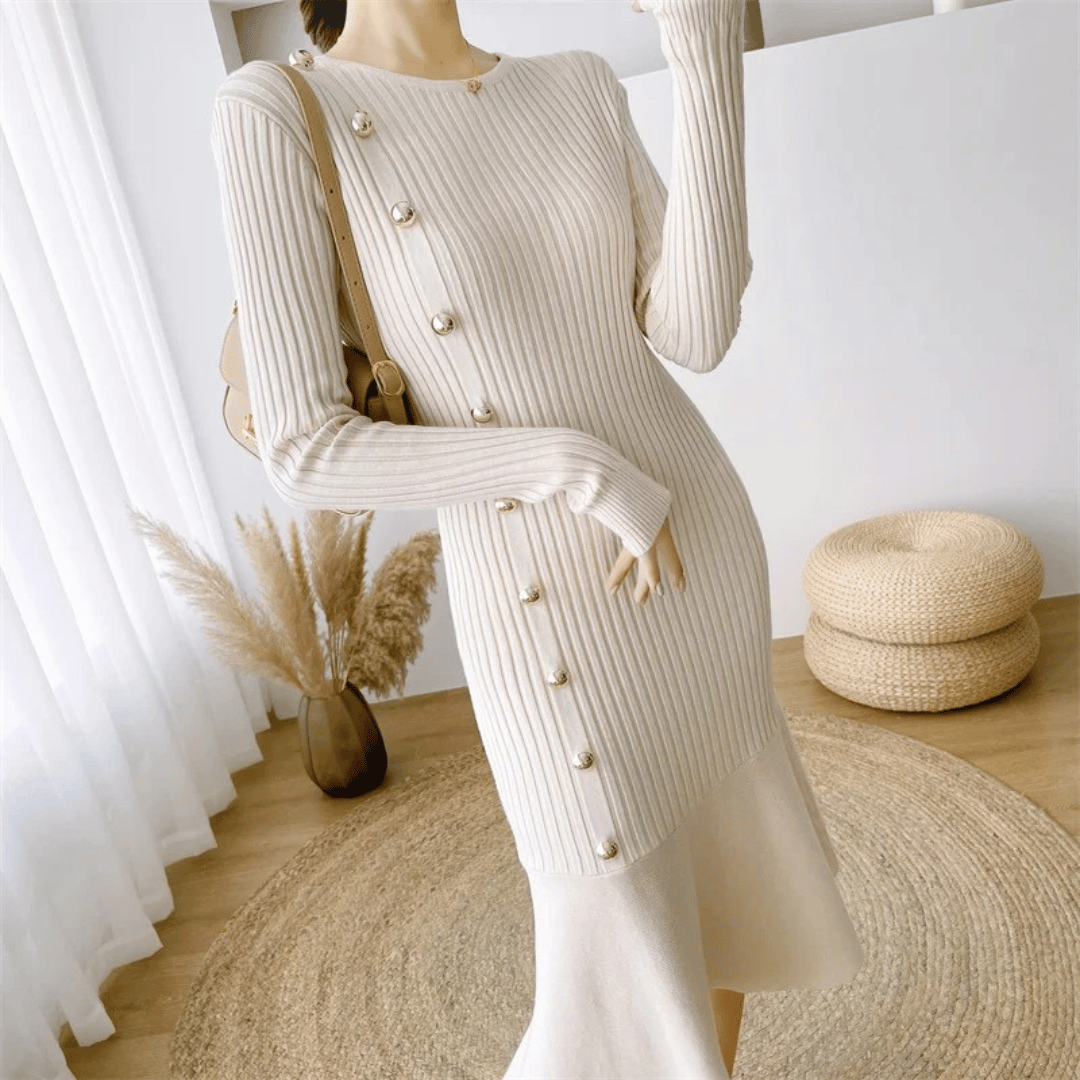 Women's Knit Midi Dress - Ribbed Texture - Long Sleeve - Button Detail - Mermaid Hem