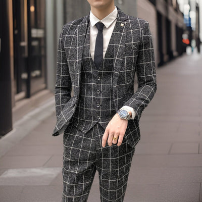 Men’s 3-Piece Suit – Slim Fit – Grid Pattern – Wool Blend – Formal Tailored Wear