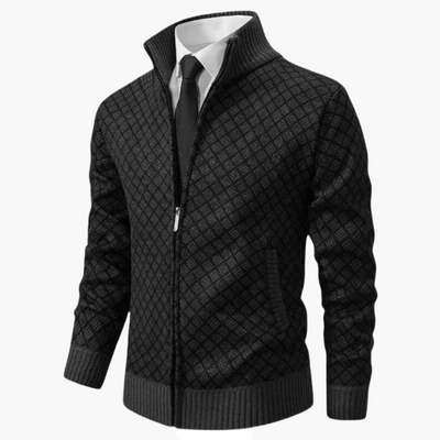 Men’s Knit Jacket – Slim Fit – Diamond Pattern – Zip Front – Ribbed Cuffs – Stand Collar