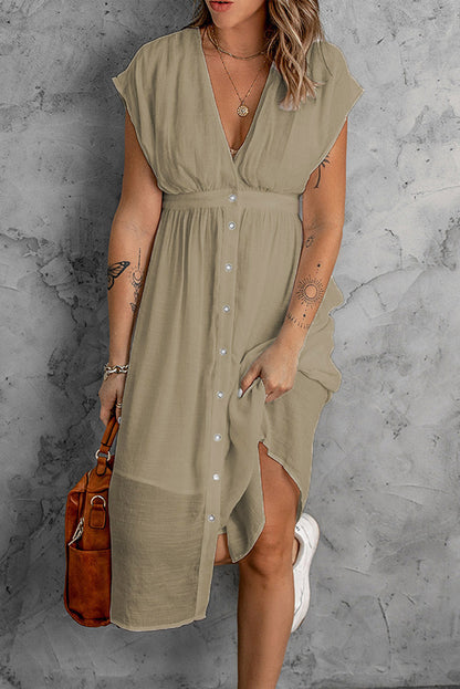 Women's Solid Deep V-Neck Dress with Sleeves