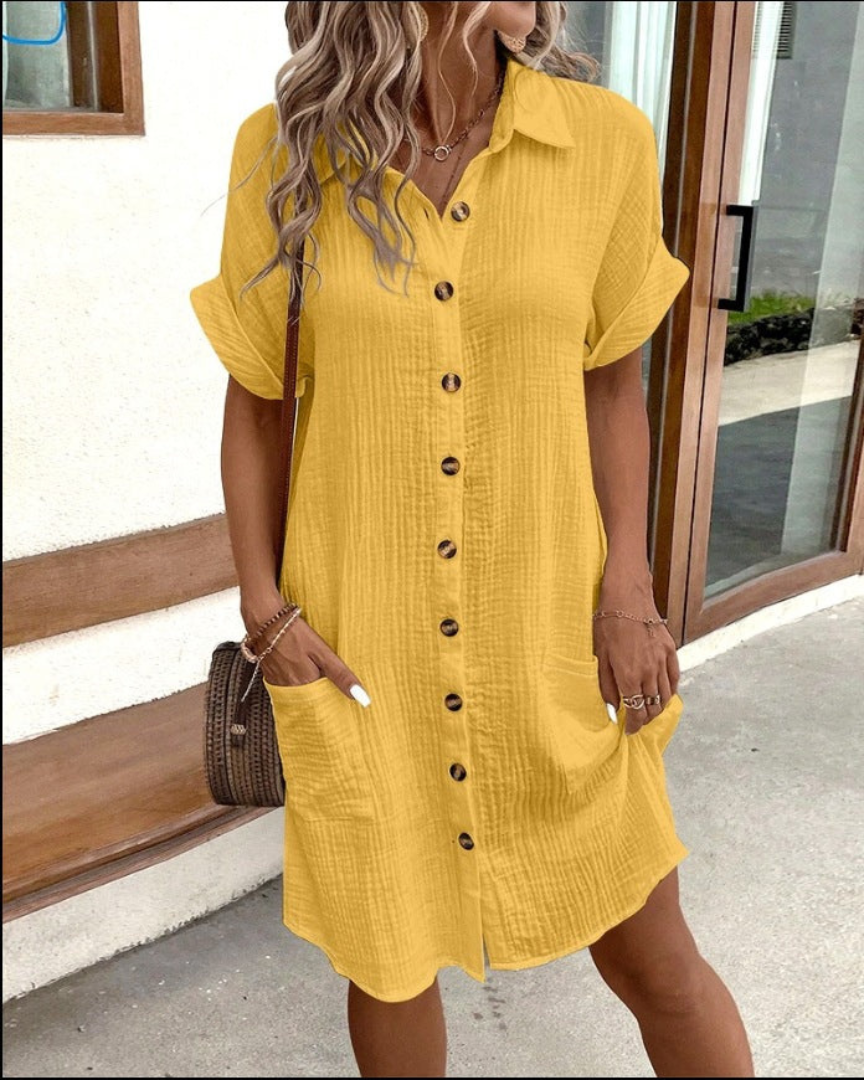 Women’s Shirt Dress – Relaxed Fit – Breathable Blend – Button Front – Rolled Sleeves – Pockets