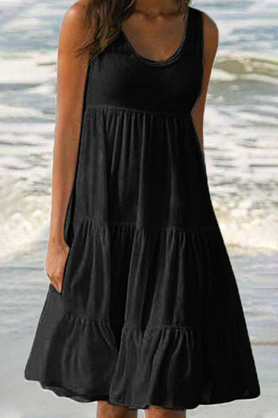 Stylish Sweet Solid Patchwork Tiered Cake Skirt Dresses with Round Neck