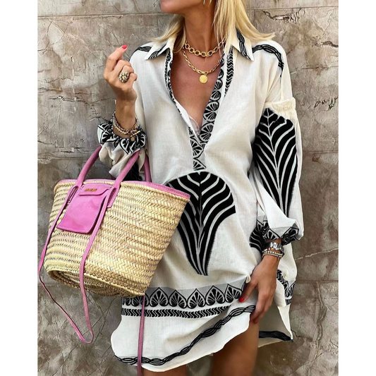 Women’s Mini Dress – Relaxed Fit – V-Neck – Voluminous Sleeve – Natural Fibers