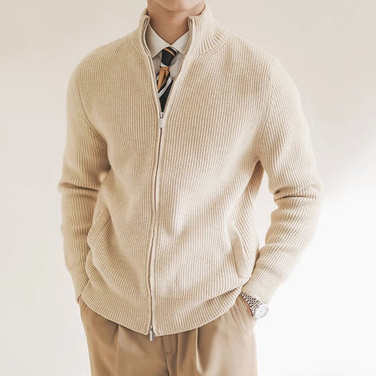 Men’s Cardigan – Slim Fit Wool Blend – Ribbed Texture – Zip Front High Collar
