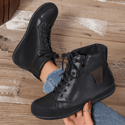 Women's Leather Ankle Boots with Side Zipper and Round Toe