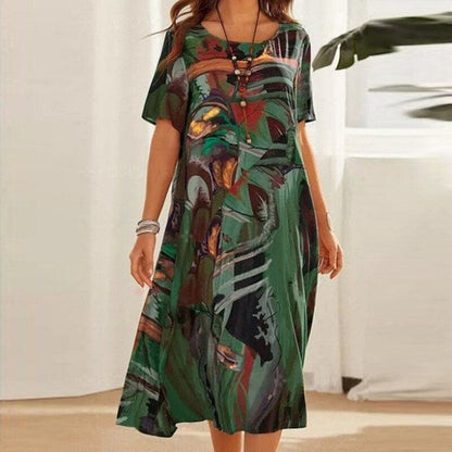 Women’s Midi Dress – Relaxed Fit – Short Sleeve – Breathable Blend – Abstract Print