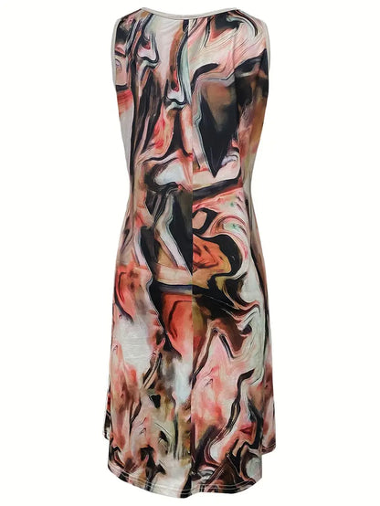 Women's Sleeveless Dress - V-Neck - Abstract Swirl Pattern - Slight Slit Hem