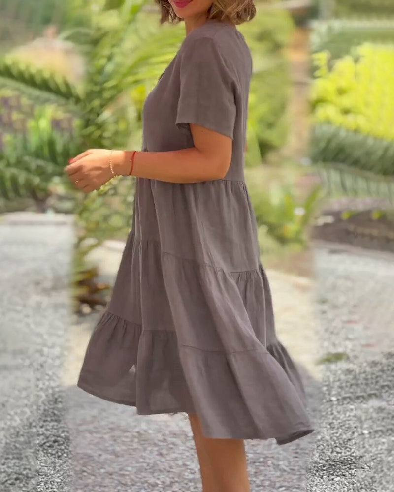 Women's Midi Dress - V-Neck - Short Sleeve - Loose Fit Tiered Design
