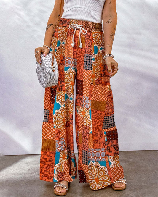 Women's Palazzo Trousers - High Waist - Wide Leg - Adjustable Drawstring - Boho Print